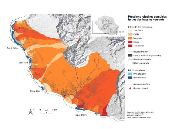 Carte des pressions des bassins versants de l'Ouest de La Réunion (source: Ifrecor)