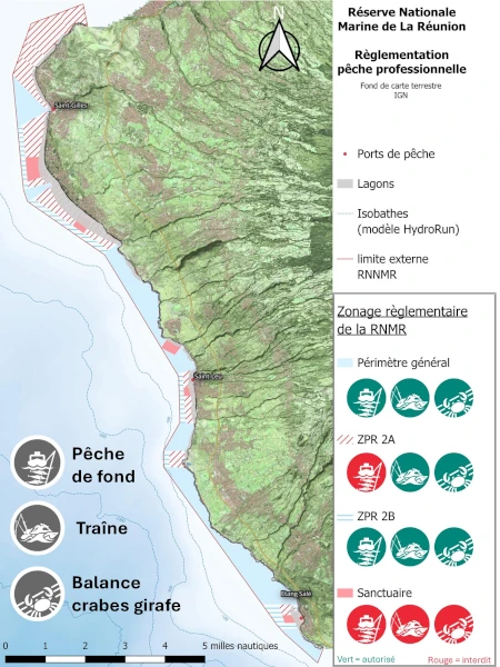 Zonage des techniques de pêche professionnelle dans le périmètre de la RNMR (carte: CRPMEM Réunion)