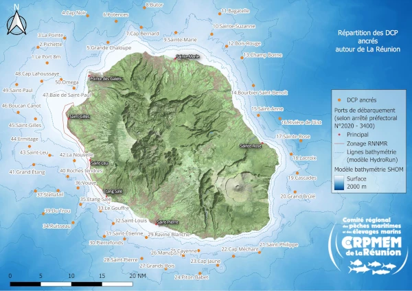 Carte des DCP ancrés de La Réunion (Source: CRPMEM Réunion, 2026)