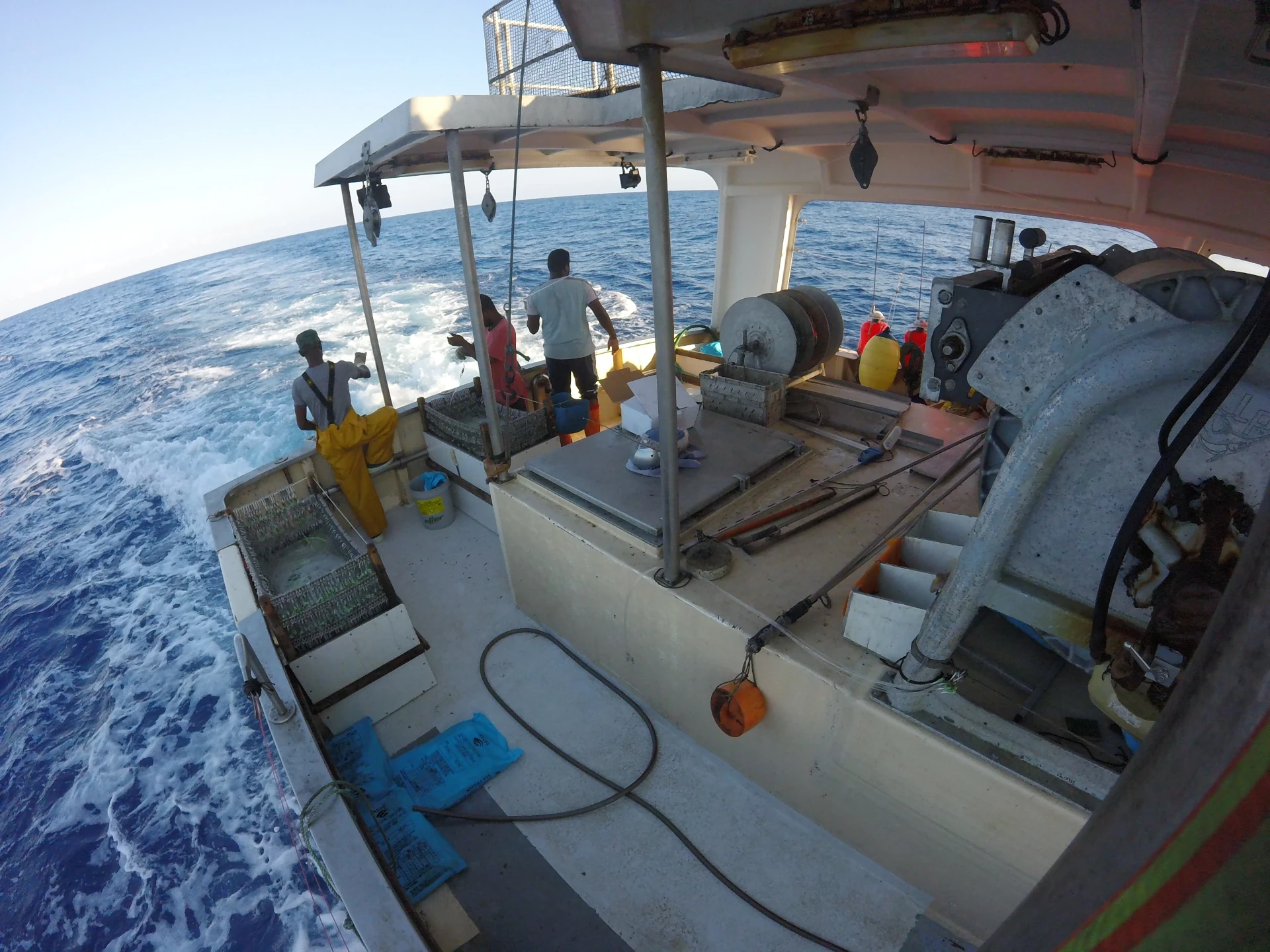 Des marins au filage de la ligne de pêche à bord d'un palangrier hauturier (Photo: CRPMEM Réunion)