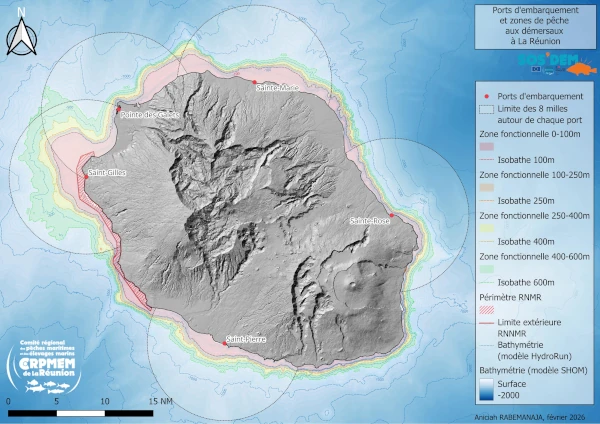 Carte des zones de pêche et des ports d'embarquement du projet SOS'DEM (source: CRPMEM Réunion, 2026)