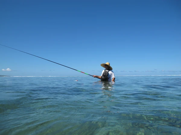 Pêcheur traditionnel à la gaulette dans le lagon (Photo: C. Cadet, GIP RNMR 2010)
